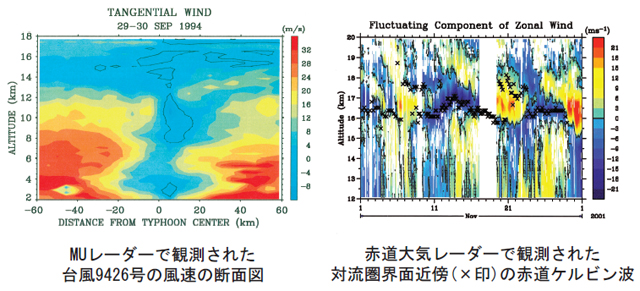 MUレーダーで観測された台風9426号の風速の断面図及び赤道大気レーダーで観測された対流圏界面近傍(×印)の赤道ケルビン波