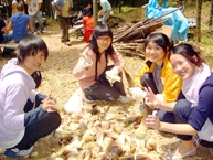 Participants stripping the bamboo shoots