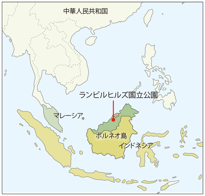 マレーシア周辺の地図。ランビルヒルズ国立公園はボルネオ島の北東部に位置する