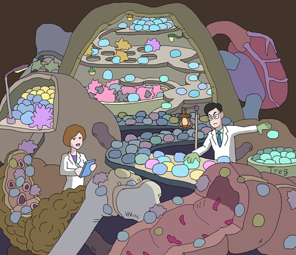 暗闇の中でランプを灯してTレグを見つける坂口先生と教子先生のイラスト