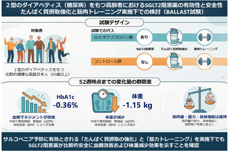 ダイアベティス(糖尿病)をもつ高齢者におけるSGLT2阻害薬の有効性と安全性～十分なたんぱく質摂取と筋肉トレーニングで筋肉量を維持しながら安全に血糖改善～