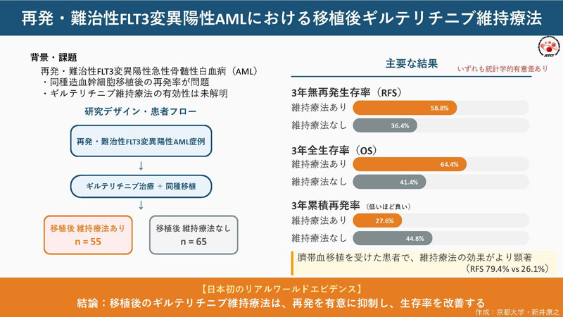 急性白血病における移植後維持療法の意義を解析―再発・難治FLT3変異陽性白血病に対するギルテリチニブ維持療法の検証―