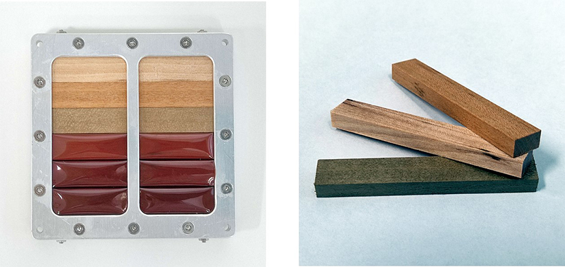 国際宇宙ステーション（ISS）での曝露実験を計画している木材試験体（右）とサンプルパネル（左）：茶色のフィルムは原子状酸素（AO）評価用のポリイミド樹脂シート