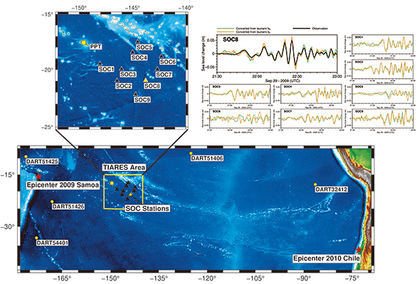 （左）観測地域その広域図、（右）二◯◯九年のサモア地震津波の波高を、磁場から予測した結果