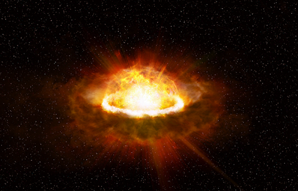 Ia型超新星 Tomo-e202004aaelb（SN 2020hvf）を取り囲む星周物質と超新星放出物質の衝突の想像図（Credit：東京大学木曽観測所）