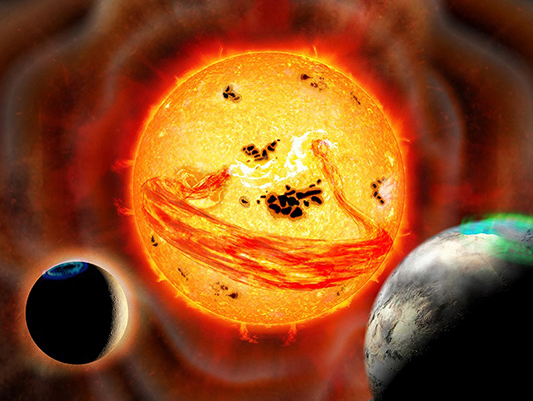 若い太陽型星「りゅう座EK星」の想像図。スーパーフレアの発生に伴い巨大なフィラメント噴出が起こるようす。（クレジット：国立天文台）