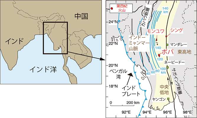 ミャンマーの簡易地質図。水色線は、ミャンマーの地下深部へ沈み込む海洋プレート上面の深度。