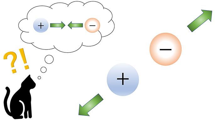 通常では電荷の正負が反対の粒子には引力が働くが（左）、逆に斥力が働く状況が起こりうる（右）