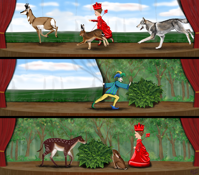 Depiction of both biotic (Red Queen) and abiotic (Court Jester) models of lagomorph body size evolution. Metaphorically unfolding as an evolutionary play in an ecological theater as might have been envisioned by ecologist G. Evelyn Hutchinson Credit: Adrienne Stroup (https://adriennestroup.wordpress.com/)