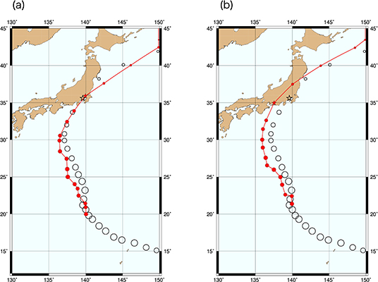 気象庁の予報における台風第19号の中心位置（●）と観測から推定された中心位置（○）。 初期時刻(a) 2019年10月9日0 UTC（世界協定時）（b）同12 UTC。 12日12 UTCにおける観測から推定された中心位置を★，予報された中心位置を★で示す。