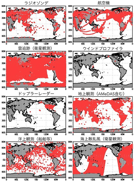 2016年1月23日9時（0世界標準時）の全球観測点を赤点で示す。全ての観測で100,000個以上に及ぶ。